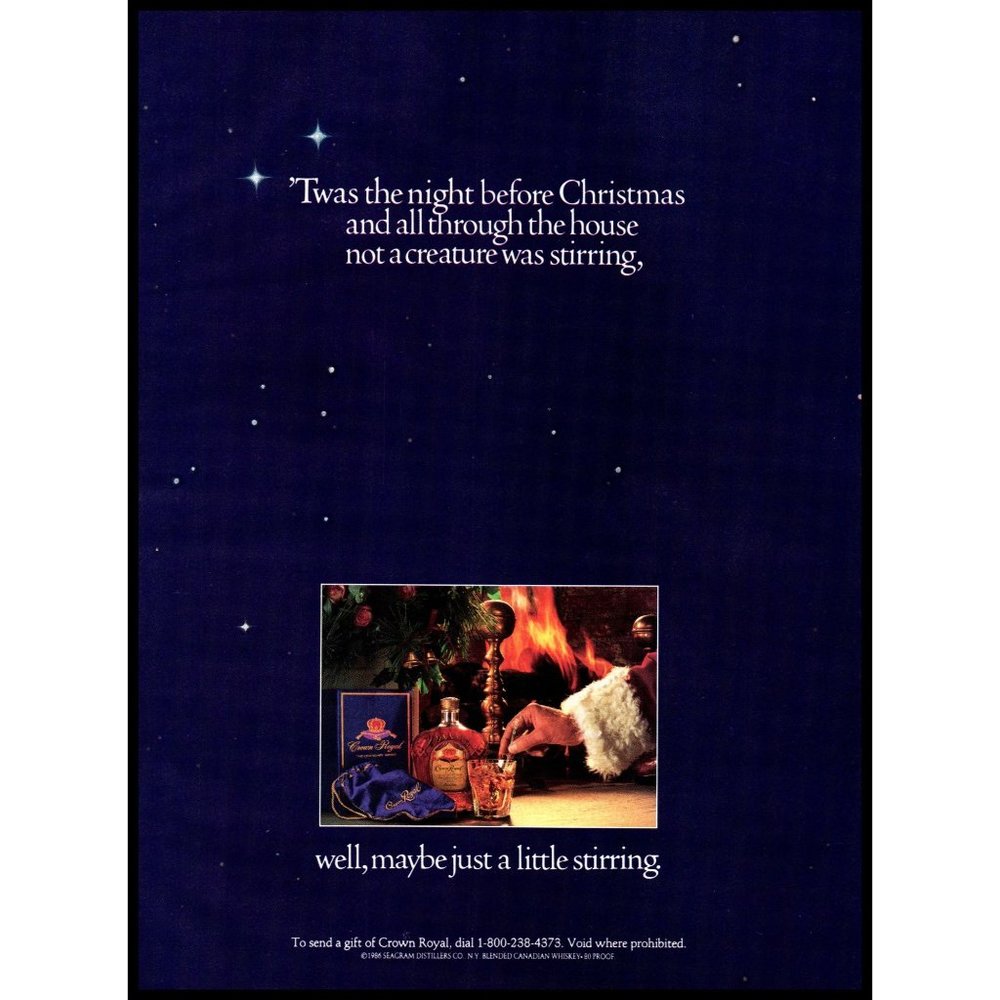 1988 Crown Royal Canadian Whisky Vintage Print Ad Christmas Tree Santa Fireplace